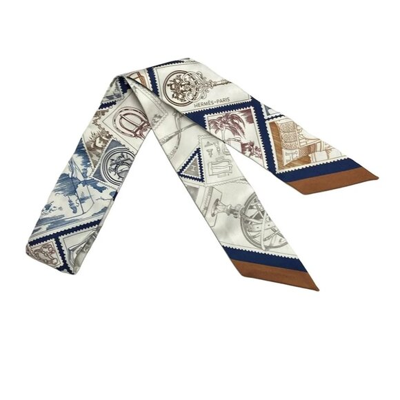 Auth HERMES Twilly - White Blue Scarf - Picture 1 of 5